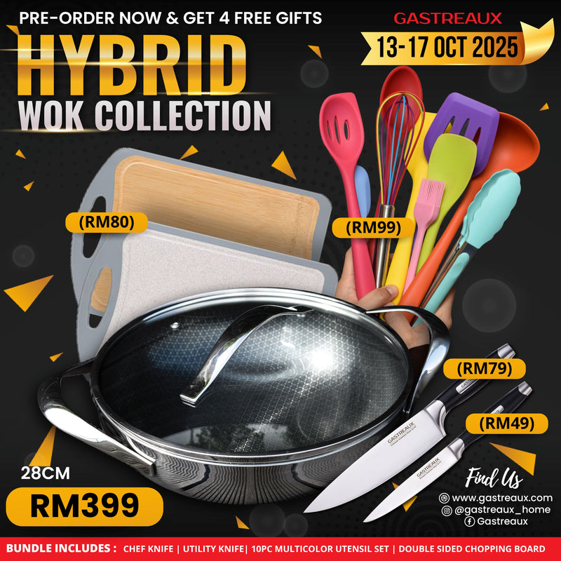Gastreaux Hybrid 28 cm Bundle – Stainless Steel Honeycomb Non-Stick Wok + 4 FREE Gifts