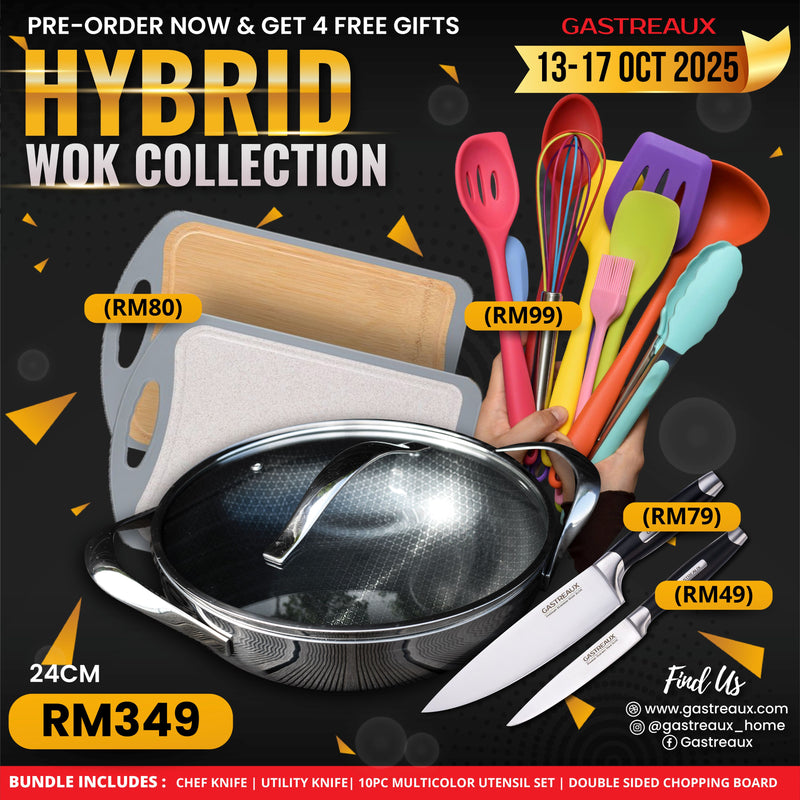 Gastreaux Hybrid 24 cm Bundle – Stainless Steel Honeycomb Non-Stick Wok + 4 FREE Gifts